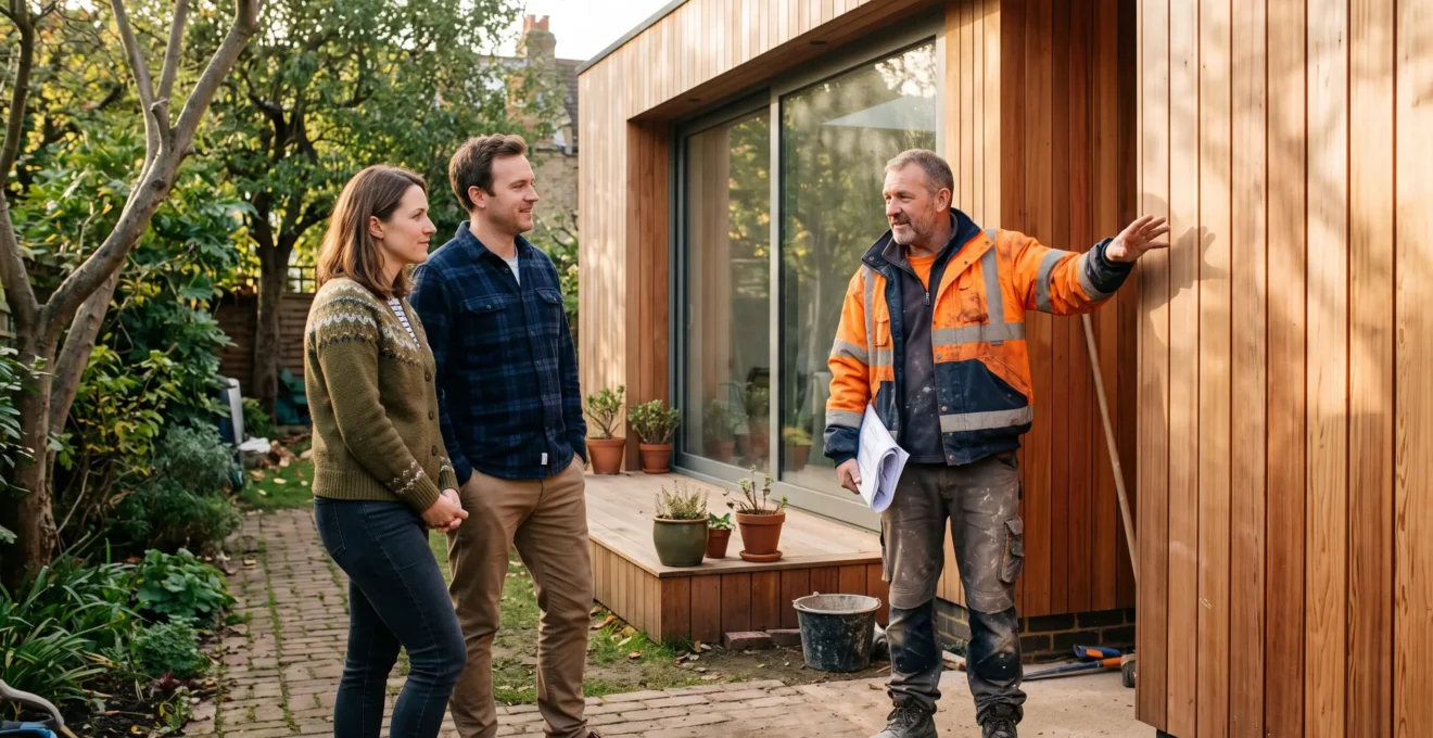 Un couple écoute un artisan expliquer une extension bois terminée devant leur maison.