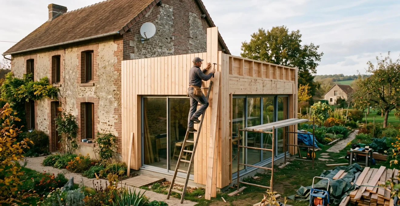 Un menuisier fixe une dernière planche sur une extension bois attenante à une maison.