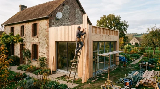 Un menuisier fixe une dernière planche sur une extension bois attenante à une maison.