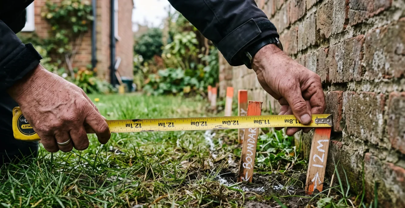 Des mains tendent un mètre ruban le long d'une limite de propriété dans un jardin.